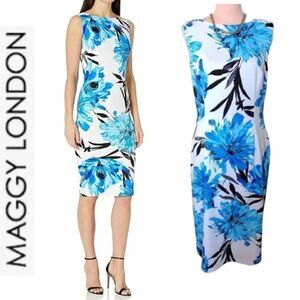 Maggy London White Blue Royal Garden Floral Scuba Sheath Midi Dress Size 12